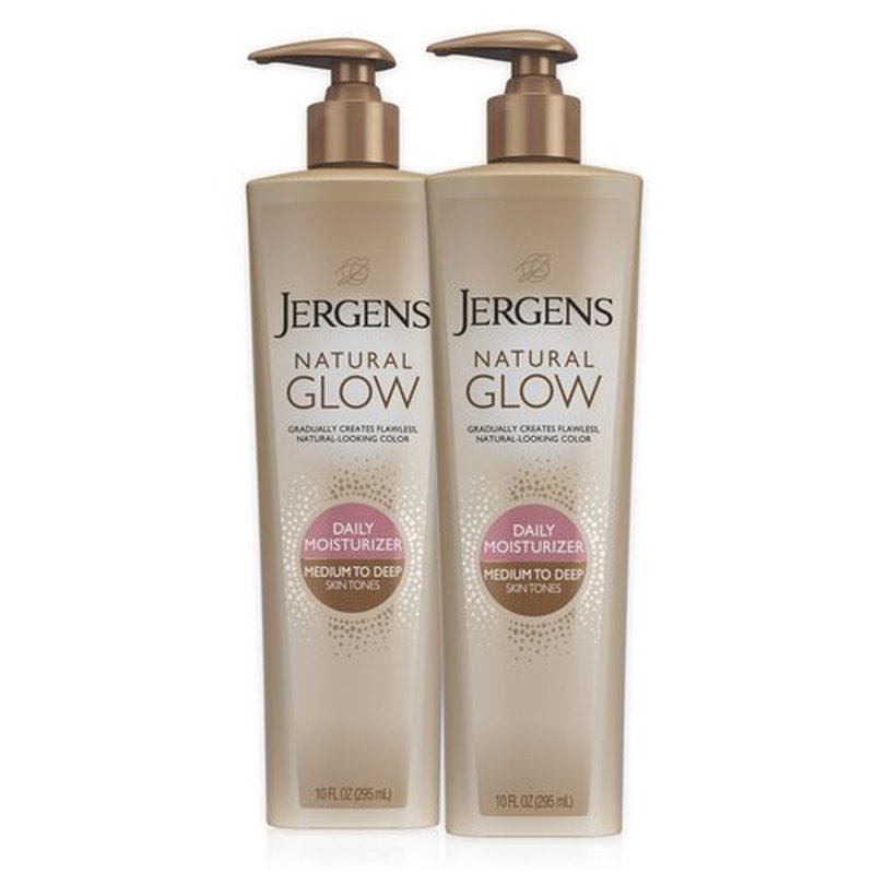 Jergens Natural Glow Sunless Tanning Lotion, Medium to Deep Self Tanner Tone, 10 Ounce Daily Moisturizer Pump, featuring Antioxidants and Vitamin E, (2 Pack)