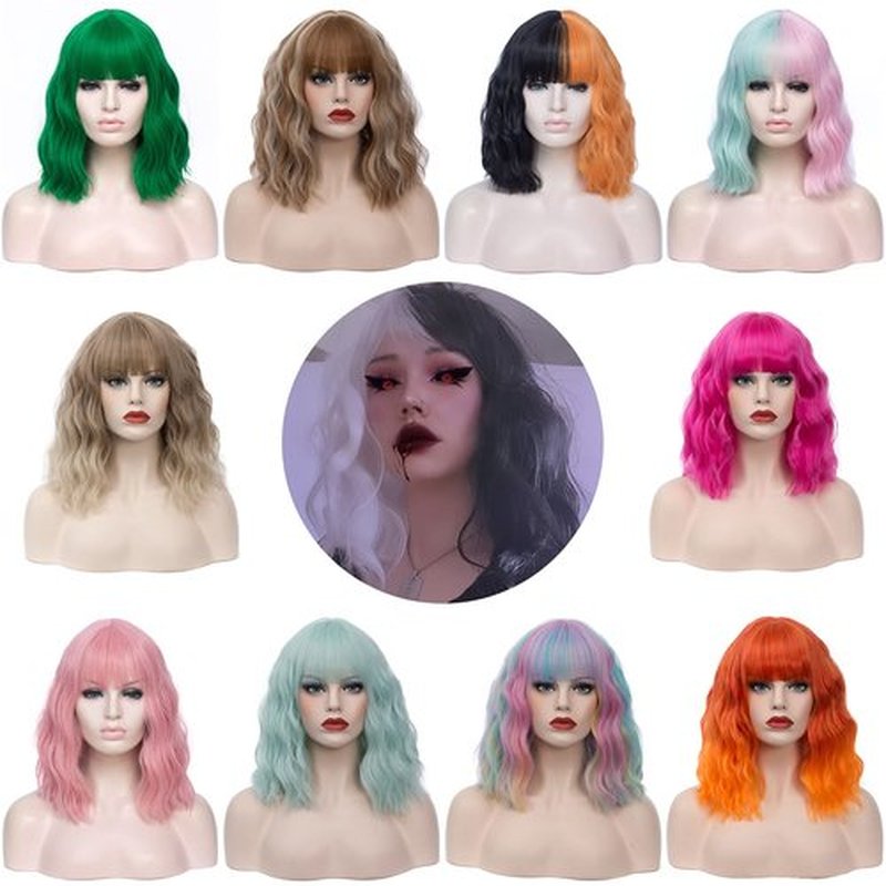 WGPFWIG Women's Yellow Green Wig Short Curly Wavy Wig Shoulder Length Flat Bangs Wig For Women Girl Cosplay Party Halloween Wig Cap Included (Yellow Green)