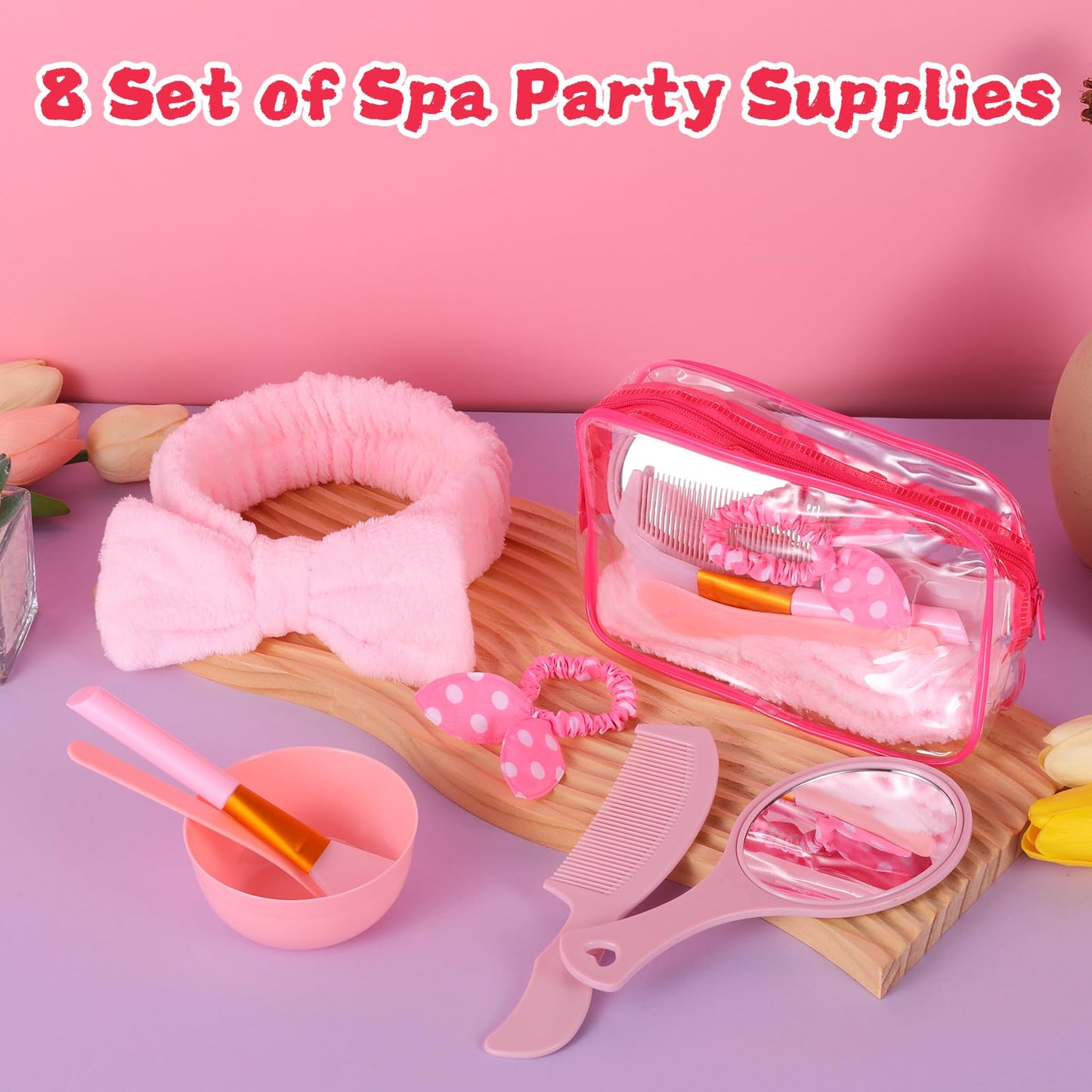 64 PCS Spa Sleepover Party Favor Supplies for Women Bulk, Include Pink Face Mask Mixing Bowl Sets, Handheld Mirrors, Combs, Headbands, Scrunchies, Cosmetic Bags for Slumber Party Supplies