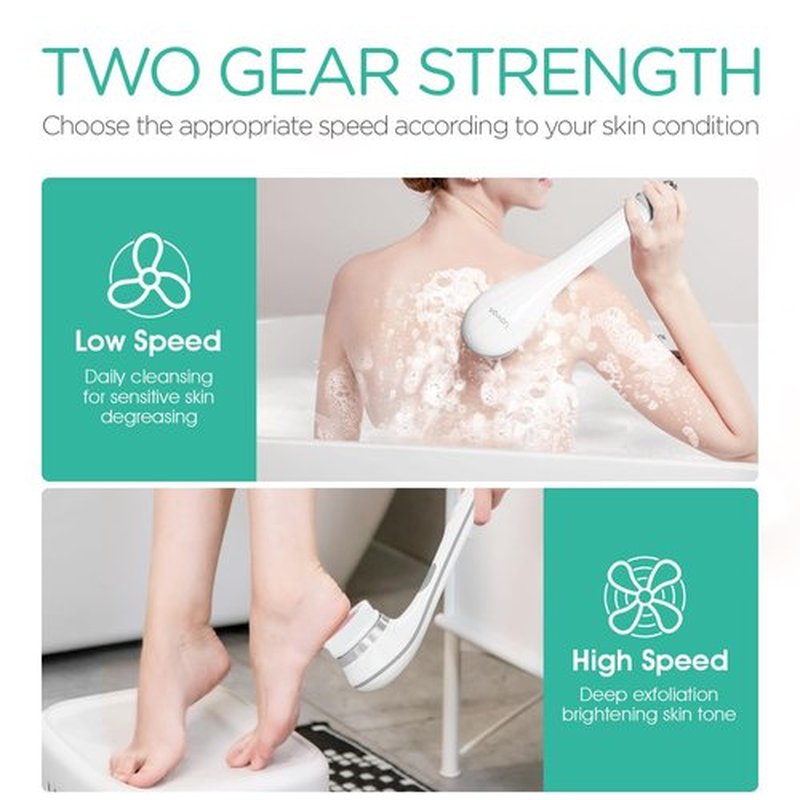 VOYOR Electric Body Brush Back Scrubber for Shower Rechargeable Exfoliating Bath Brush Powered Shower Brush with Non-Slip Long Handle Deep Cleansing, Exfoliation, Massaging Spin Brush BC100 (Gery)