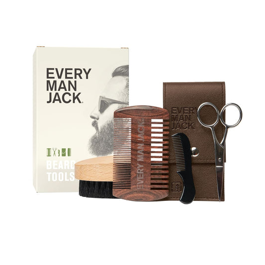 Every Man Jack Beard Grooming Tool Set - Dual Tooth Comb, Medium Stiffness Brush, Stainless Steel Sheers with Mini Comb - Complete Your Routine, Travel Friendly