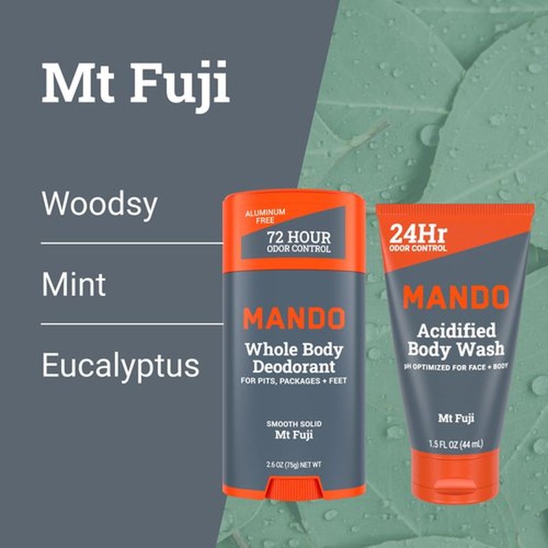 Mando Smooth Solid Stick (2.6 Ounce) + Acidified Body Wash (1.5 Ounce) - Clinically Proven to Block Odor All Day - Whole Body Safe For Pits, Packages + Feet (Mt Fuji)