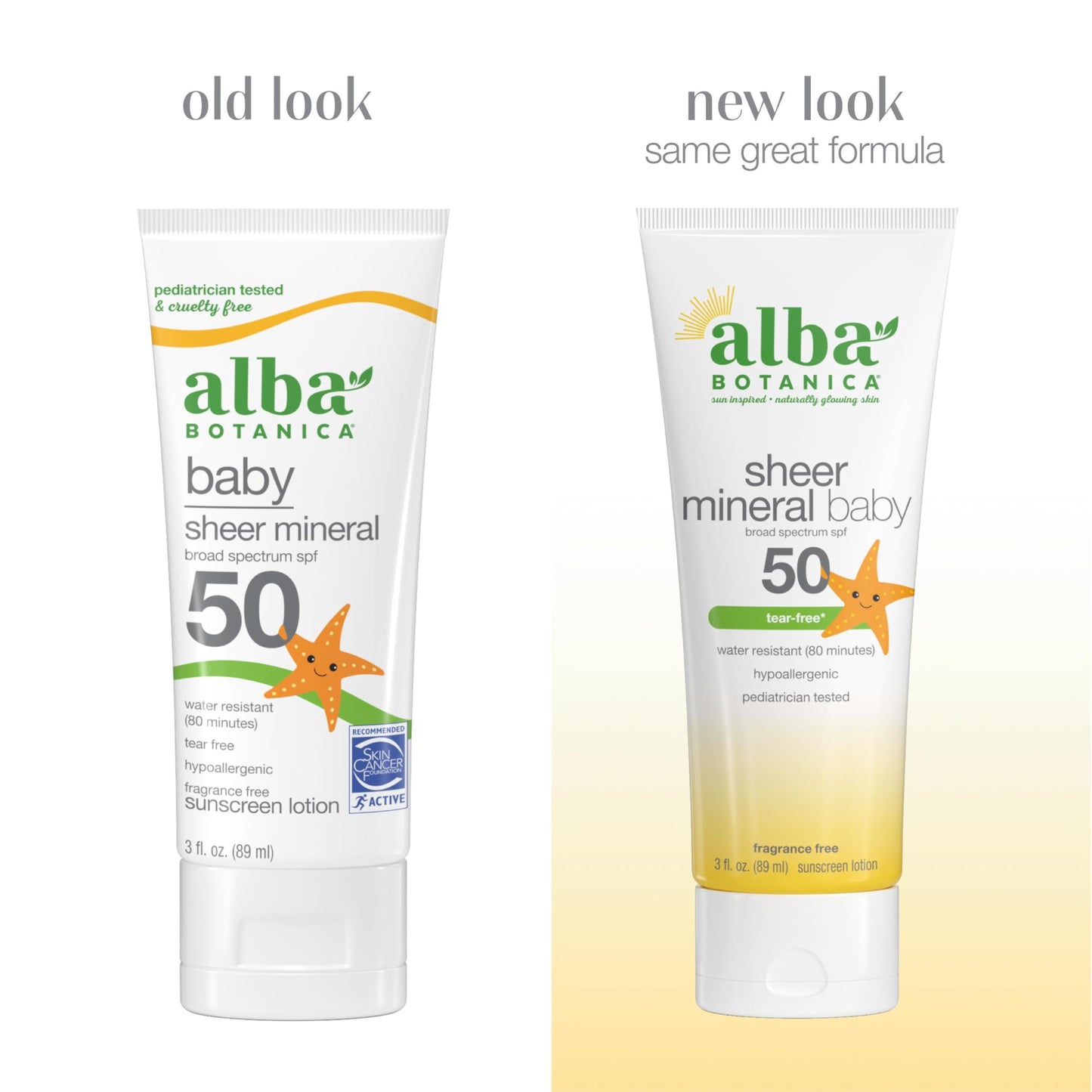 Alba Botanica Baby Sunscreen for Face and Body, Sheer Mineral Sunscreen Lotion, Broad Spectrum SPF 50, Water Resistant and Fragrance-Free, 3 Fl Oz (Packaging May Vary)