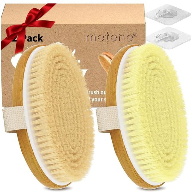 Metene 2 Pack Dry Body Brushes, Exfoliating Body Scrubbers, Natural Bristles for Dry Skin, Improve Circulation, Stop Ingrown Hairs, Reduce Acne and Cellulite (G7130)