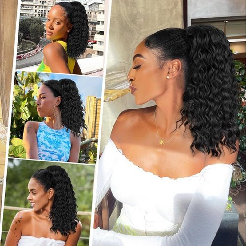 ALXNAN Wavy Curly Ponytail Extension, Long Soft 18" Black Drawstring Ponytai for Black Women Natural Synthetic Hairpiece Thick For Daily Use