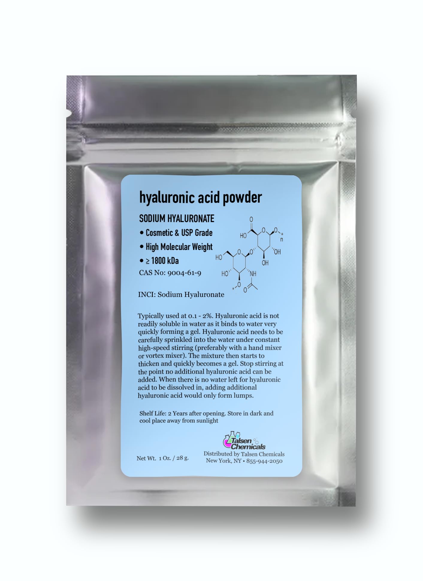 Talsen Chemicals Pure Hyaluronic Acid Powder (1 oz. / 28 grams) 1800 kDa+ Natural Cosmetic Grade, Hyaluronic Acid High Molecular Weight Powder, DIY Serums