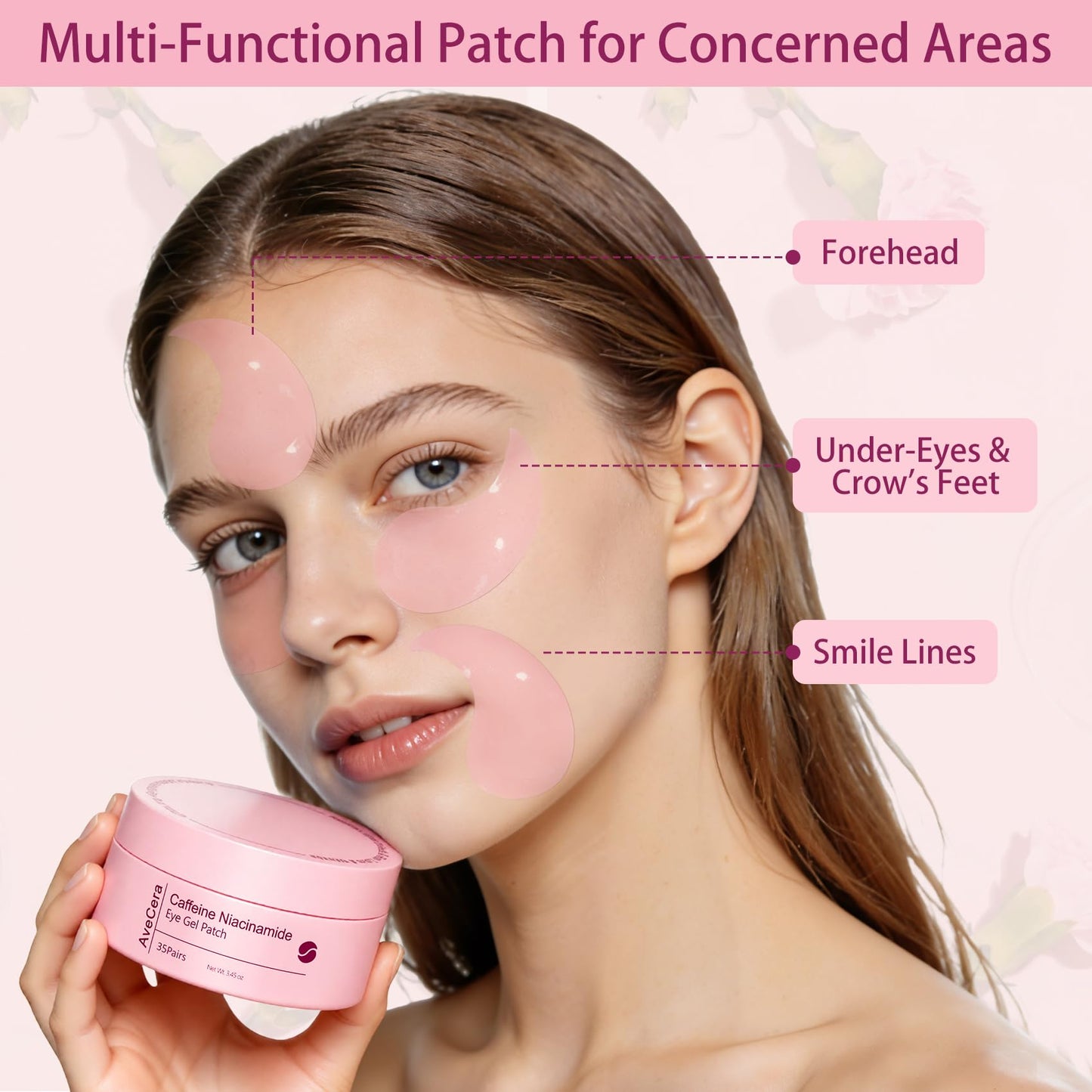 AveCera 70Pcs Caffeine Peptide Under Eye Patches for Dark Circles Puffiness, Gel Eye Masks with Rose Essence Hyaluronic Acid Niacinamide Anti Wrinkle & Fine Lines Hydrating & Cooling for Men & Women