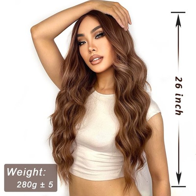 LINGHANG Long Ombre Brown Wavy Wig for Women 26 Inch Middle Part Brown Highlight Wigs Natural Looking Synthetic Heat Resistant Fiber Light Brown Curly Wig for Daily Party Use (Brown Highlight)