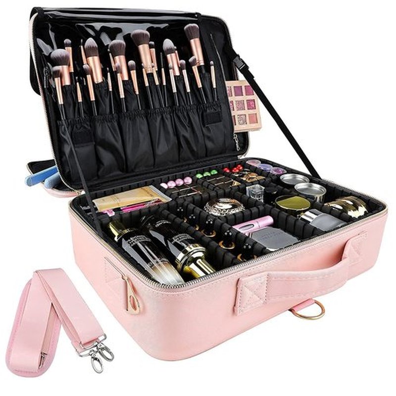 gzcz Travel Makeup Case Large Capacity Cosmetic Case Organizer 16 Inches Waterproof Portable Artist Makeup Storage Bag with Adjustable Dividers and Shoulder Strap for Makeup Brushes Jewelry, Pink