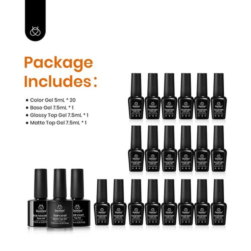 Beetles 20 Colors Gel Polish Set, 23 Pcs Gel Polish Nail Kit Red Blue Green shades Gel Polish Burgundy Orange Nails Polish with Base Matte & Glossy Top Coat Soak off Manicure Gifts for women