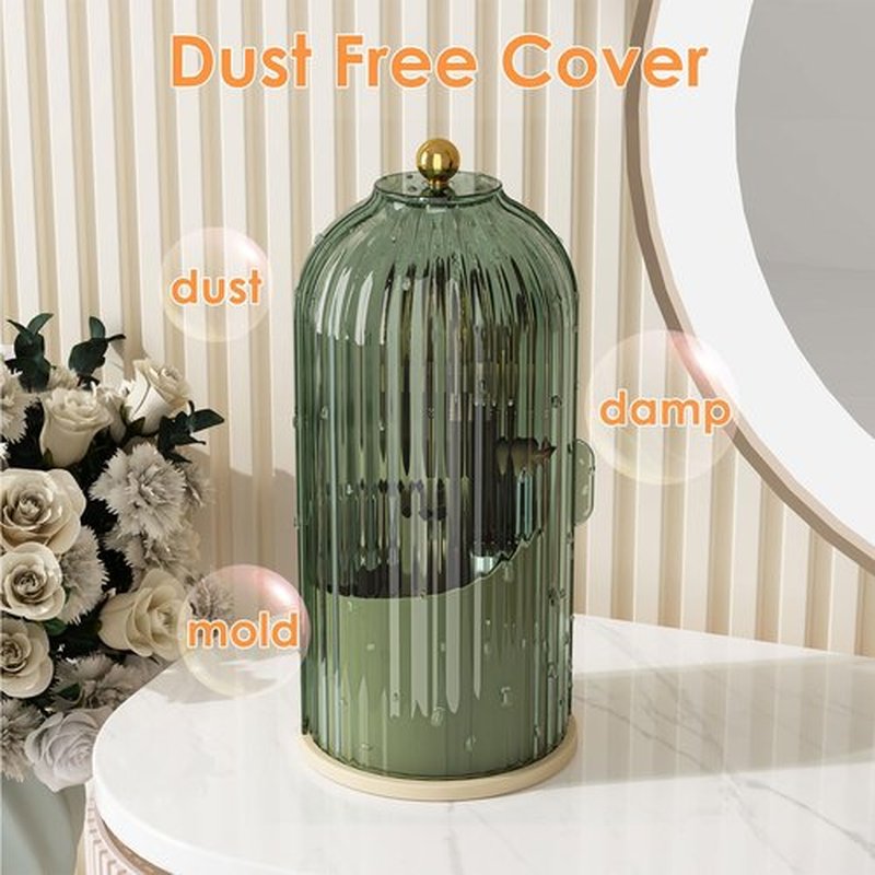 YOOLENS Makeup Brush Holder Organizer with Lid,360 Rotating Clear Dustproof Makeup Brushes Organizer for Vanity Desktop Bathroom Countertop, Green Beige