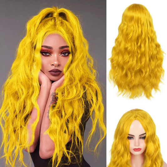 Beweig Yellow Wig for Women Long Curly Wavy Cute Colorful Wigs Middle Part Synthetic Hair Wigs Halloween Cosplay Daily Party Wigs (25 inch)