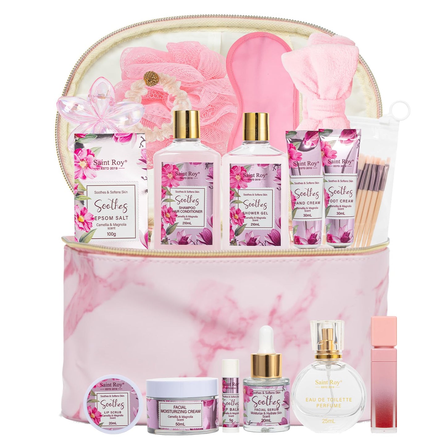 Camellia & Magnolia Facial Skin Care Set, 27 Pcs Bath & Body Spa Basket for Women, Beauty Care Kit, Makeup Bag, Face Serum, Perfume, Christmas, Mother Day, Valentine's, Birthday, Bridal Shower