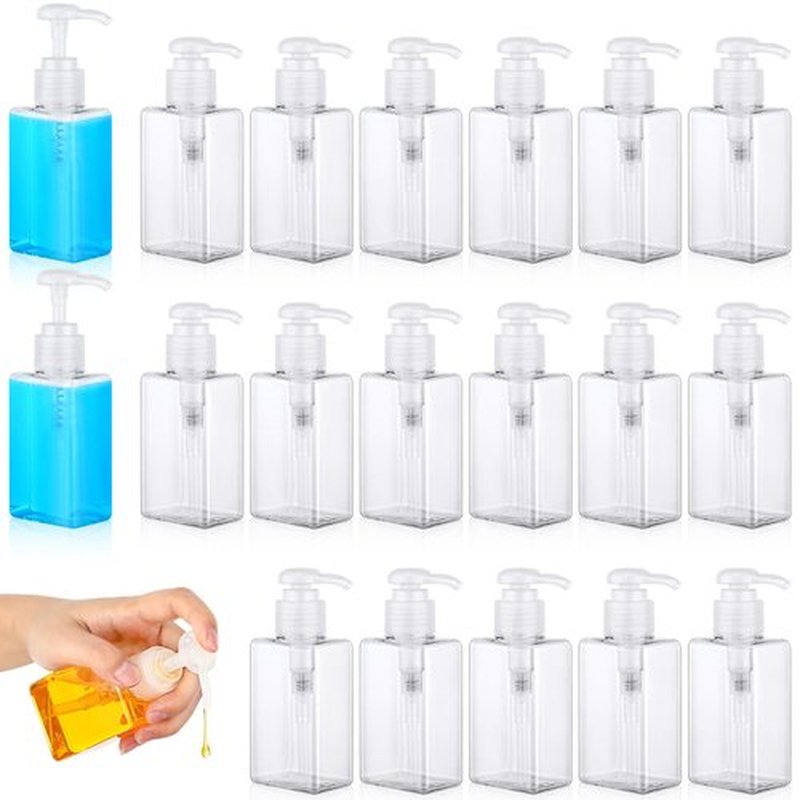 Domensi 24 Pcs 100ml /3.4 oz Pump Bottle Mini Travel Bottles Small Dispenser Bottles Plastic Pump Lotion Dispenser Empty Bottle Square Dispenser Travel Size Containers Toiletries (Clear)