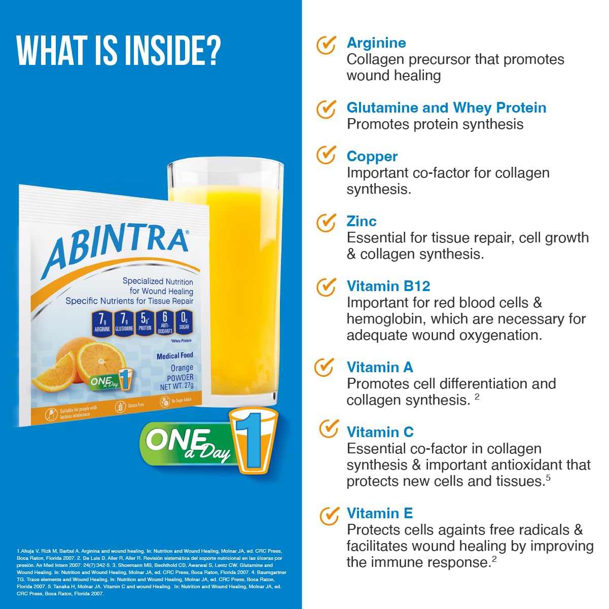 ABINTRA Specialized Nutrition for Wound Healing Includes L-Arginine, Orange Flavor, 6 Packets, 27g Each