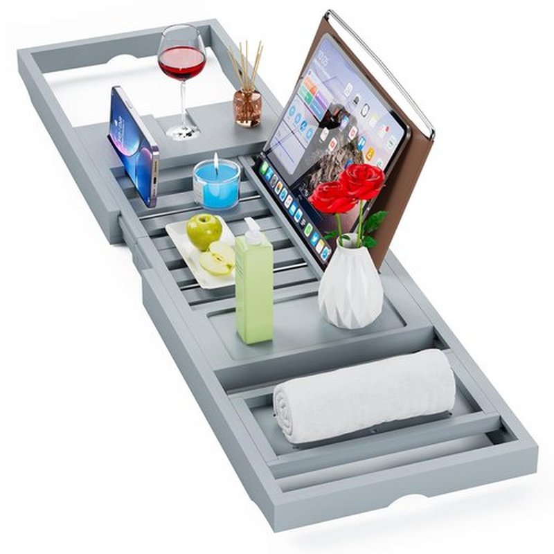 Yirilan Bamboo Bathtub Tray Caddy, 1 or 2 Person Expandable Wooden Bathroom Tray, Luxury Bamboo Bathtub Tray Expandable, Bath Tub Table Caddy with Extending, Grey