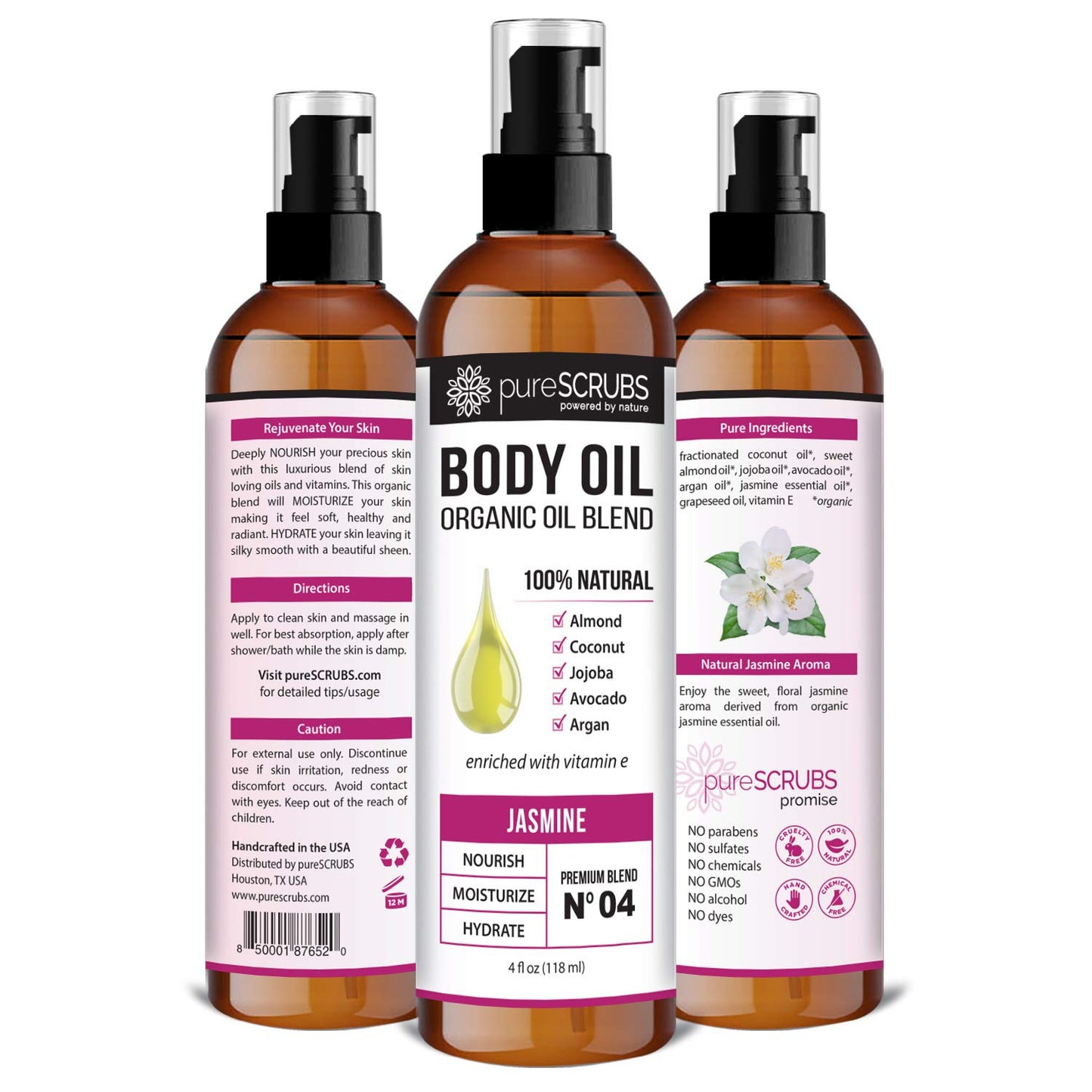 pureSCRUBS Ultra Moisturizing Jasmine Body Oil for Dry Skin, Lightweight Full Body Moisturizer for Soft, Silky Skin, Massage & Cuticle Oil, Vitamin E Enriched, 4 oz
