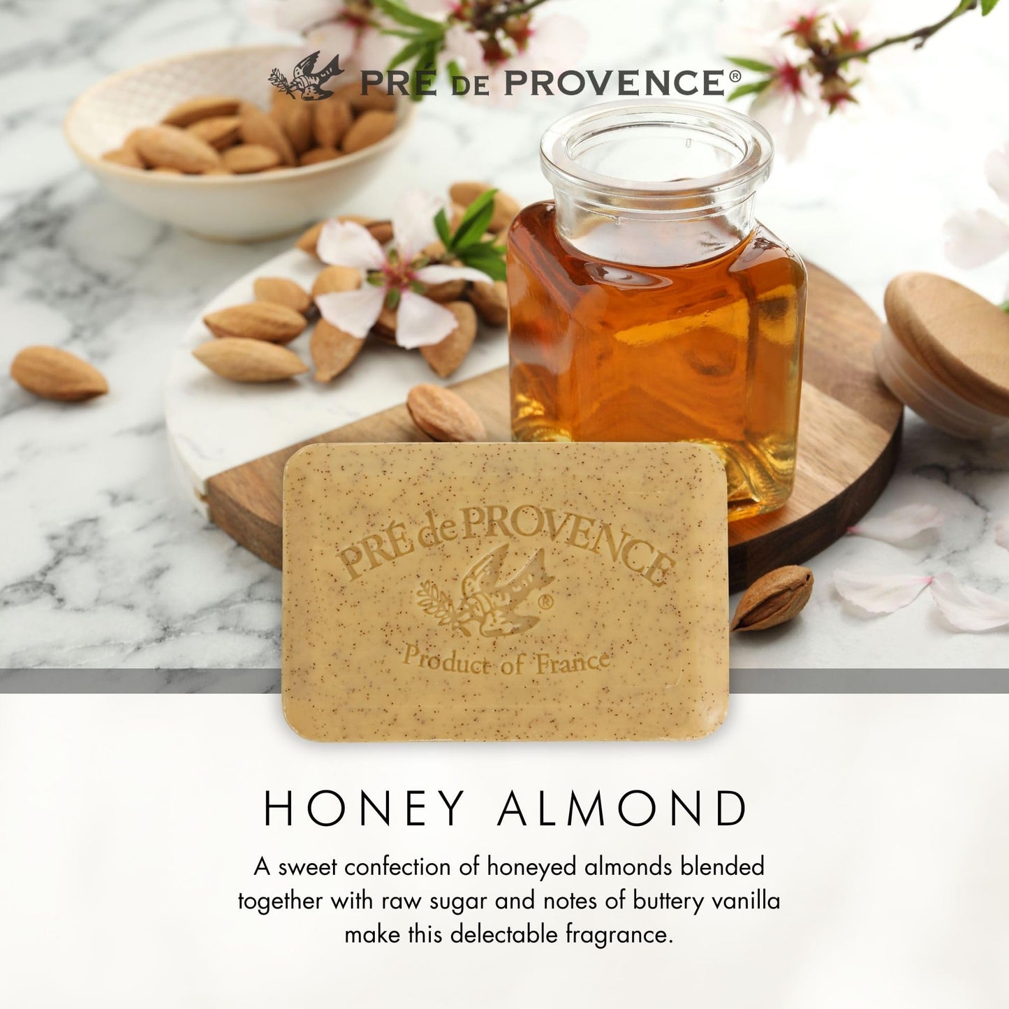 Pre de Provence Artisanal French Moisturizing Soap Bar, Shea Butter Enriched, Quad Milled for Long Lasting Rich Smooth Lather, 5.3 Ounce, Honey Almond
