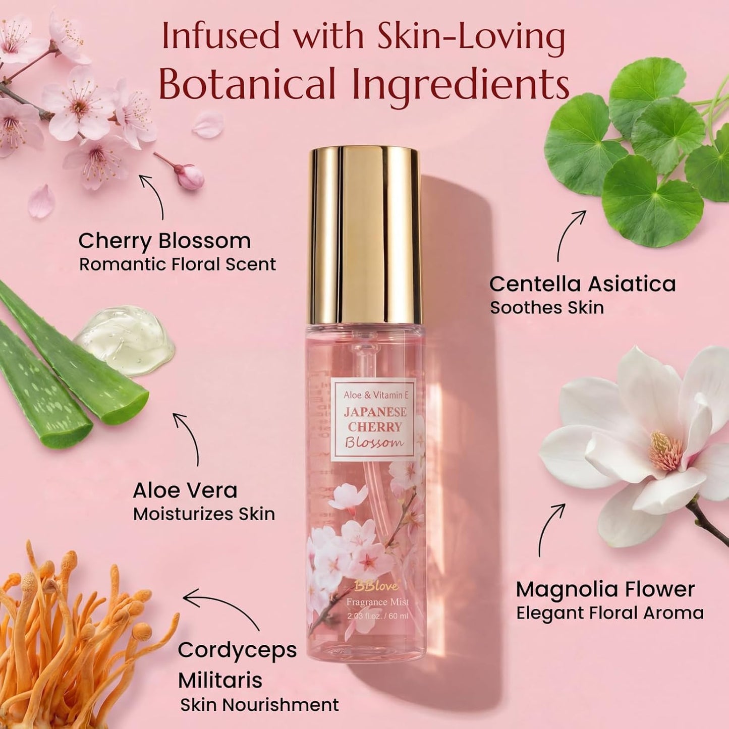 BBlove Body Mist Set for Women – Japanese Cherry Blossom Bath & Body Care, Body Spray 3 Pack (Travel Size 2.03 Fl Oz Each) – Floral Fragrance Gift Set for Mother's Day, Birthday & Holiday