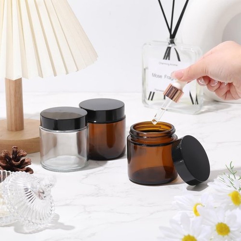 Norme 24 Pcs 4 oz Glass Jars with Lids Leakproof Round Airtight Jars Empty Cosmetic Jars with Inner Liners Lid for Storing Lotions Powder Ointments Candle Making (Black,Amber and Clear)