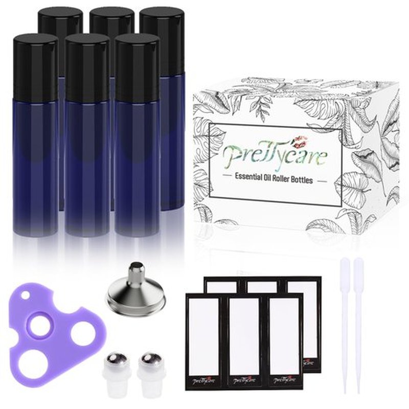PrettyCare Roller Bottles For Oils 10 ml (Blue Glass, 6 Pack, 1 Extra Stainless Steel Balls, 12 Labels, 1 Opener, 1 Funnels Essential Oil Roller Bottles, Roller on Bottles