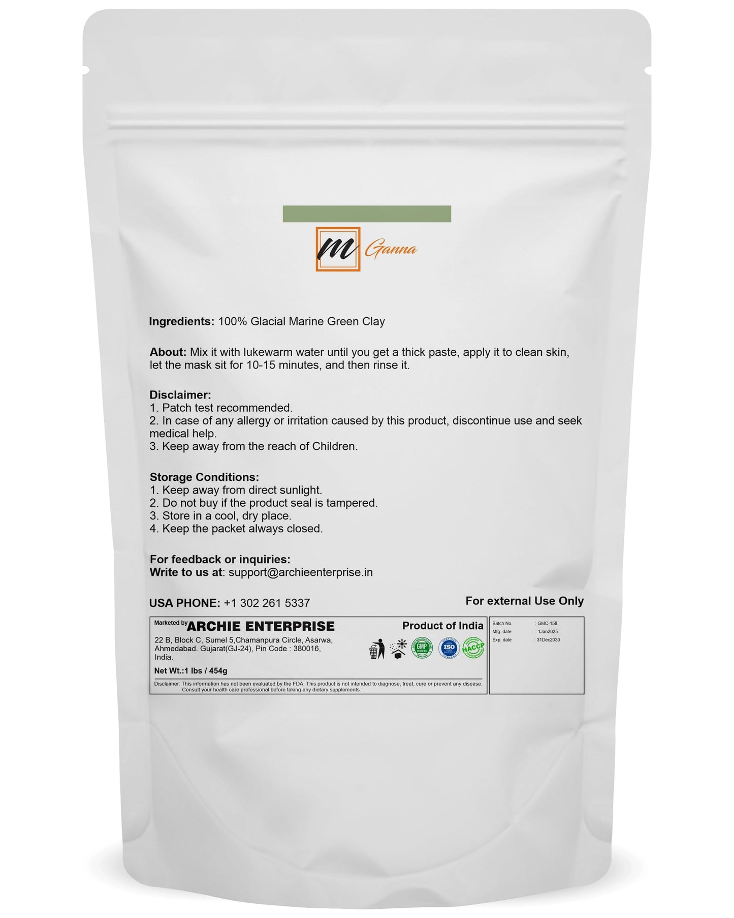 mGanna 100% Natural Glacial Marine Green Clay for Facial Masks, Creams, Body Wraps, Soft Peels and Scrubs, Skin Tightening, and Soap Making 454 GMS / 1 LBS