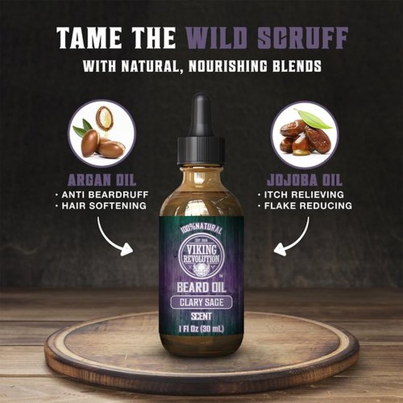 Viking Revolution Beard Oil with Clary Sage for Men - Natural Blend with Argan and Jojoba Oils for Softening, Strengthening, and Moisturizing