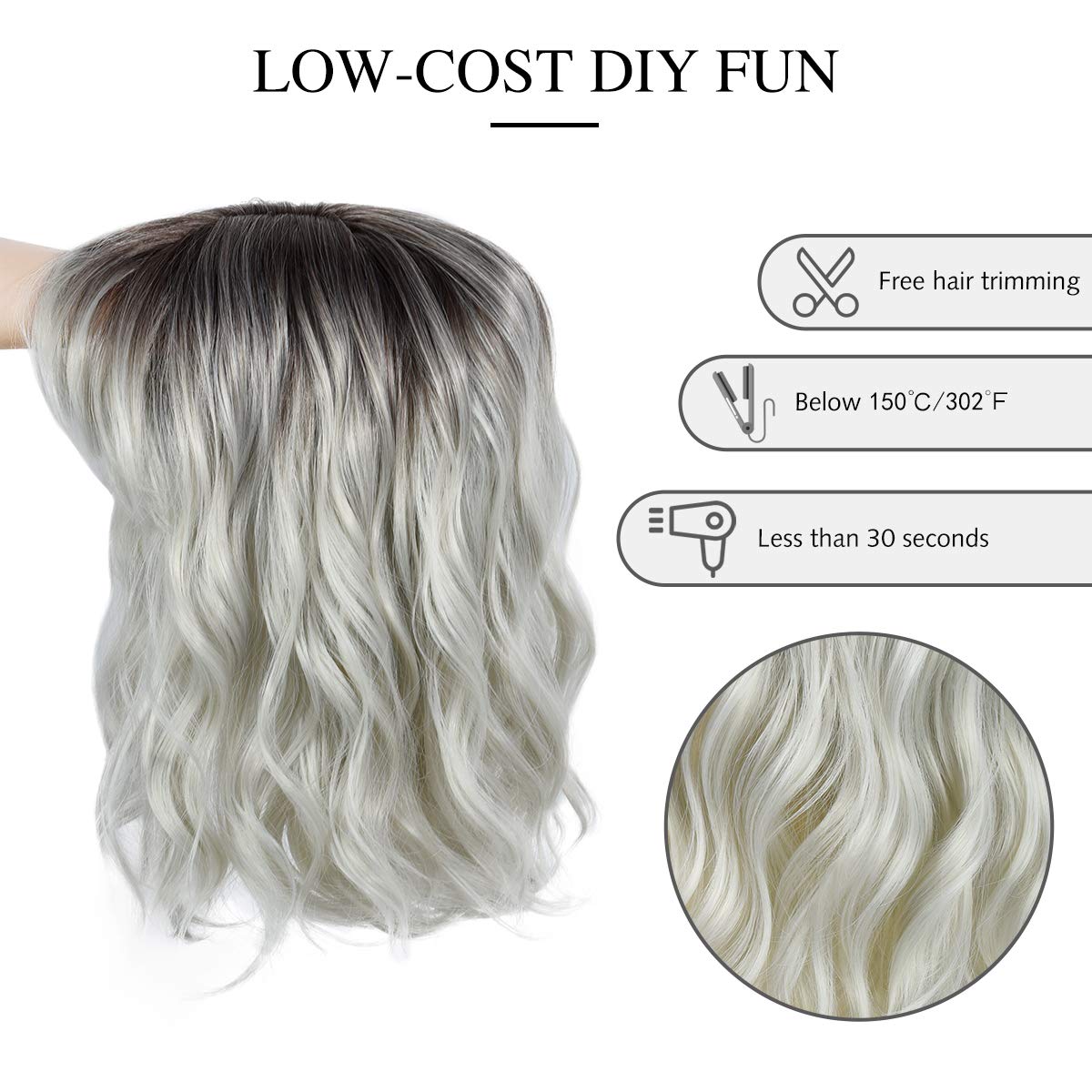 Rose bud Wavy Bob Wig with Bangs Natural Ombre Silver Wig Synthetic Hair Shoulder Length Short Hair Curly Wigs for Women