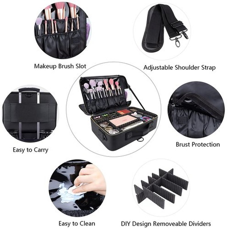 Makeup Case Travel 3 Layers Makeup Train Case Organizer Cosmetic Bag Portable Makeup Storage for Women Bags with Adjustable Dividers and Shoulder Strap for Toiletry Travel Accessories(Black, L)