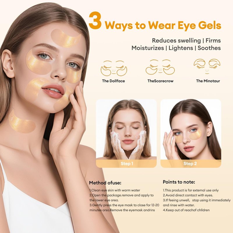 LJ KuKu Lady Under Eye Patches Gold Essence Hydrogel Eye Masks for Puffy Eyes and Dark Circles Caffeine Hyaluronic Acid & Niacinamide Deep Hydrating Eye Mask for Men & Women 60 PCS (Gold)