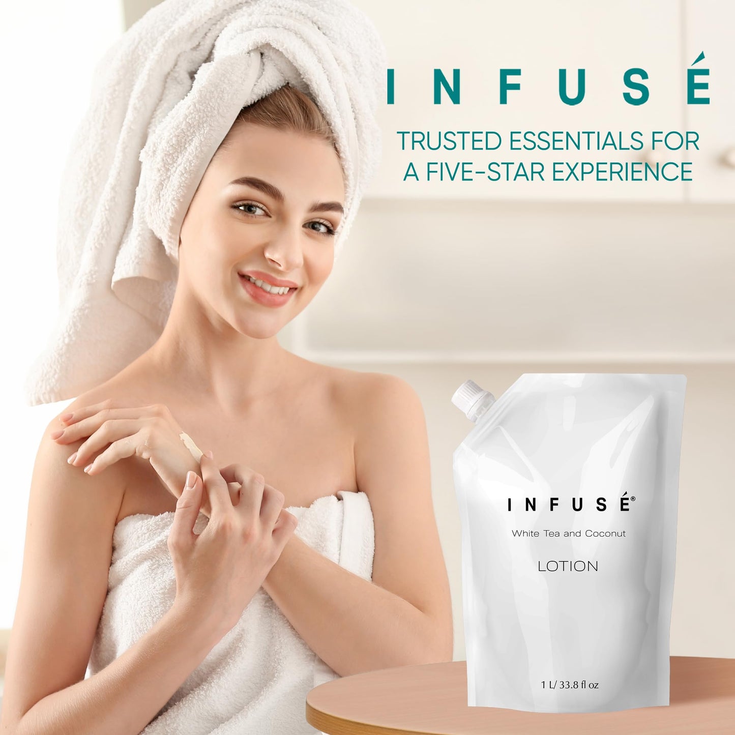 INFUSÉ 1 Liter Lotion Refill Bag For Soap Dispensers | Bulk Toiletries for Vacation Rentals, and Home Bathroom Showers | White Tea and Coconut | Single