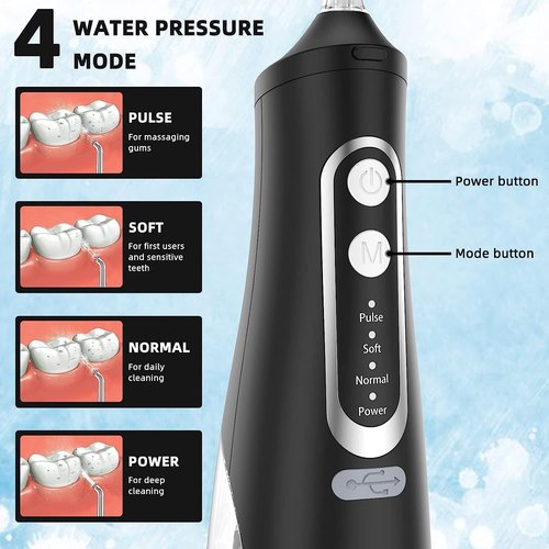 Water Flosser for Teeth Cleaning 4 Modes Rechargeable Oral Irrigator 4 Tips Powerful, (Black)