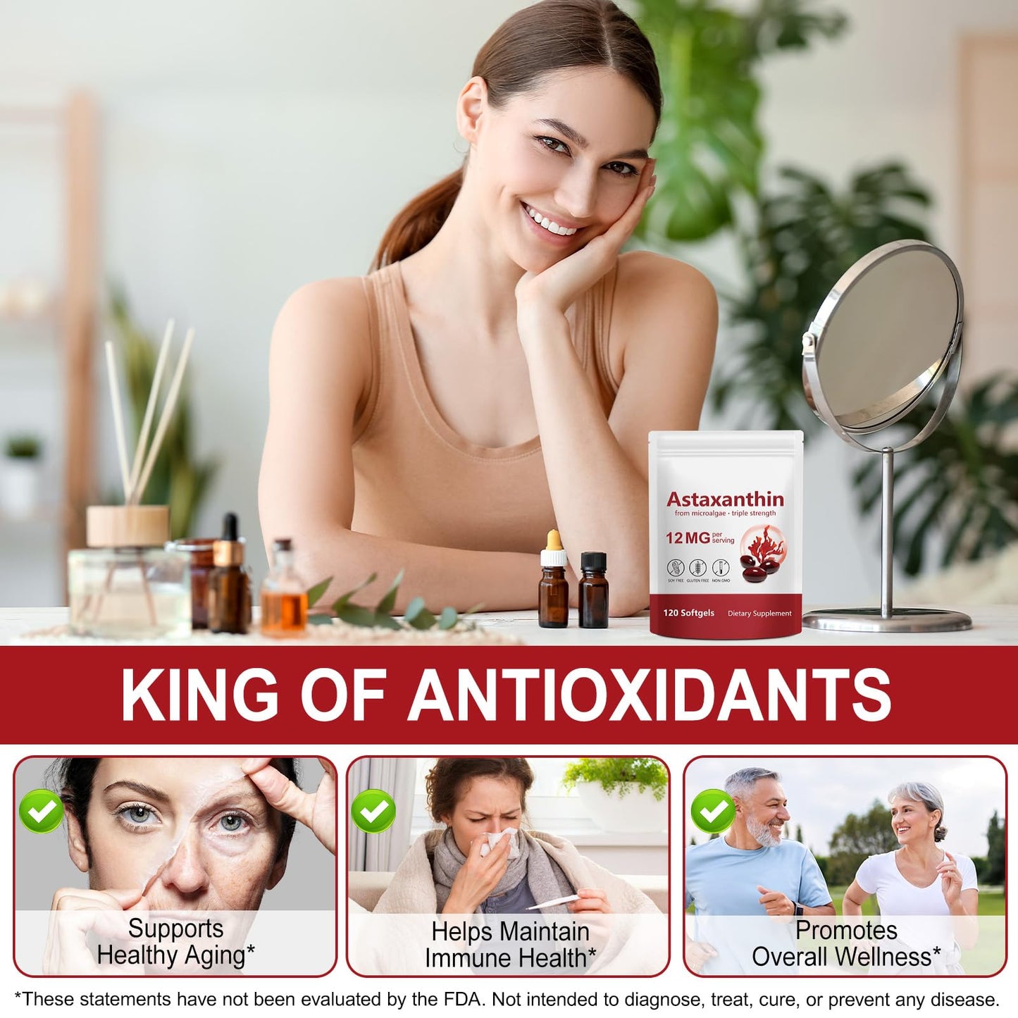 Redshine Astaxanthin 12mg,from Microalgae,Triple Strength,120 Softgels,Supports Eye, Joint, Internal Circulation, Skin Health & Natural Tanning