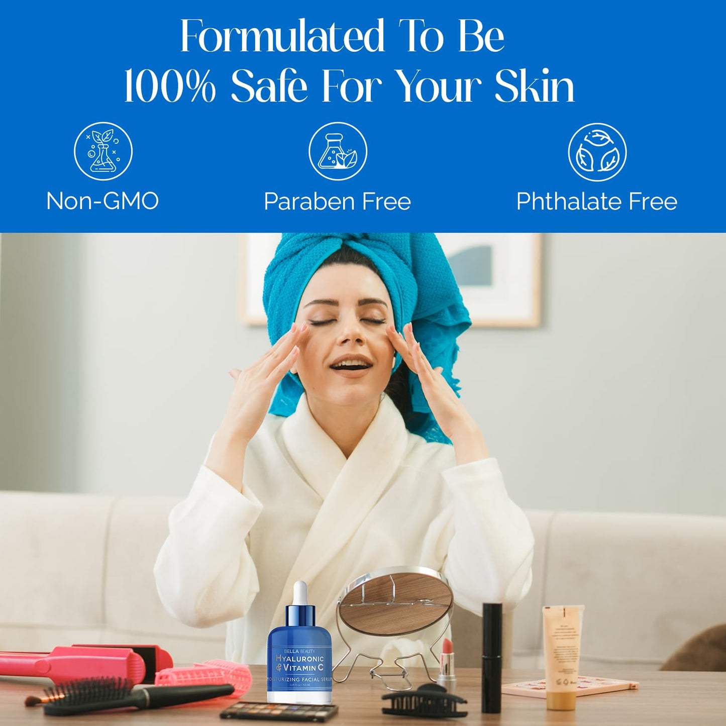 Bella Beauty Hyaluronic Acid & Vitamin C Moisturizing Facial Serum - Hydrating, Reduces Wrinkles & Fine Lines, Boosts Collagen - Dermatologist Tested, Korean Skin Care for All Skin Types - 1.69 Fl. Oz