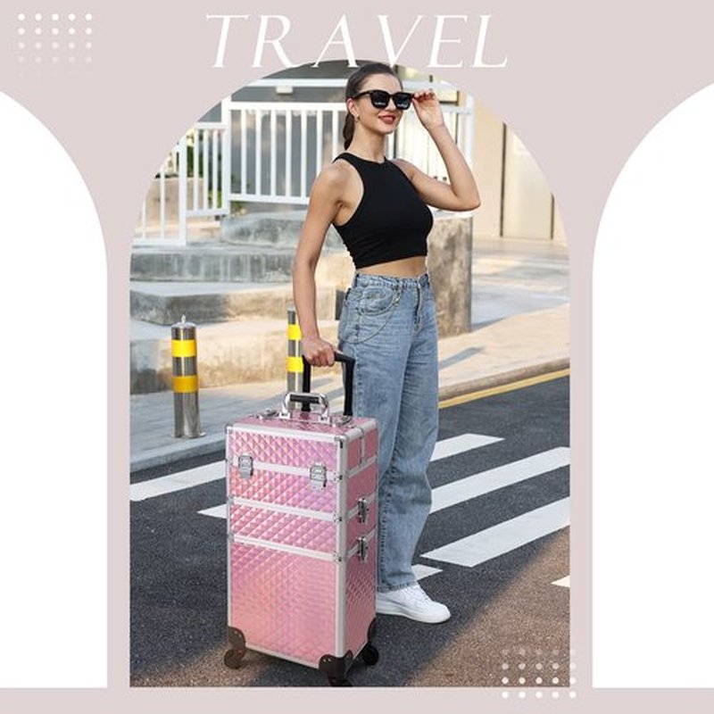 Adazzo 3 in 1 Professional Rolling Makeup Train Case Aluminum Trolley Case with 360° Rotation Wheels for Makuep Artist Cosmetic Suitcase Organizer with Lock and Key Diamond Pattern - Pink
