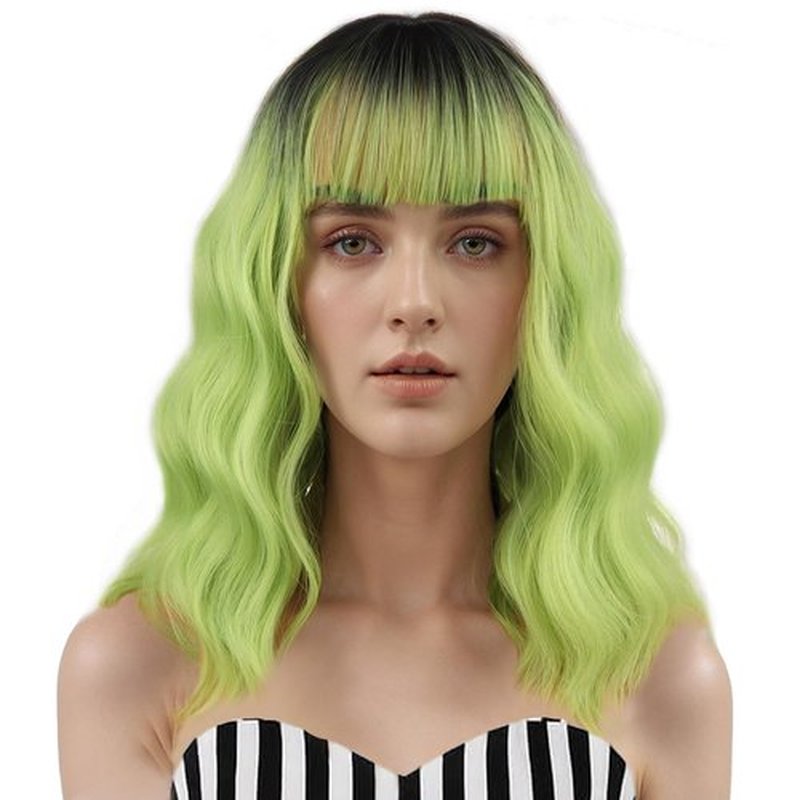 BERON 14 Inches Matcha Green Wig with Bangs Ombre Green Wigs Short Green Wigs for Halloween Party
