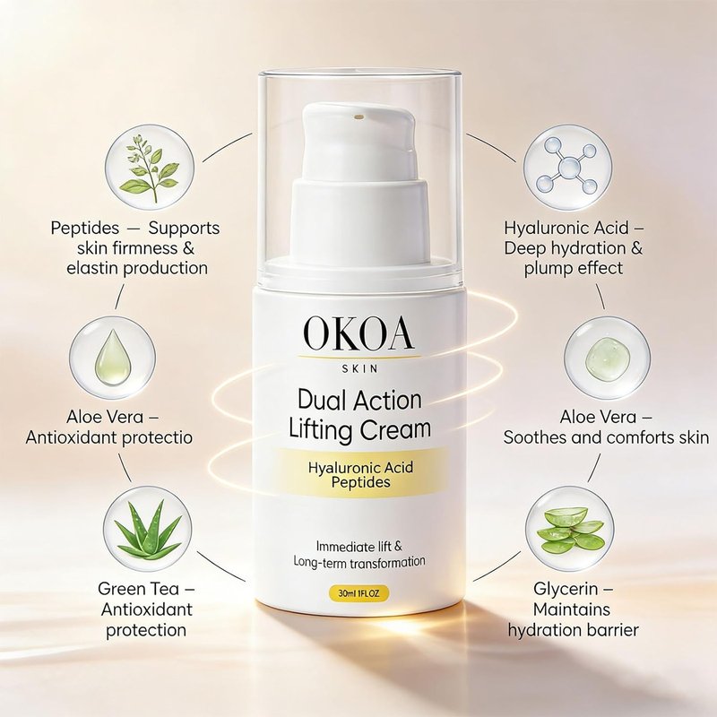 OKOA SKIN Dual Action Lifting Cream - Instant Firming Peptides & Hyaluronic Acid | Hydrating Moisturizer for Fine Lines & Wrinkles