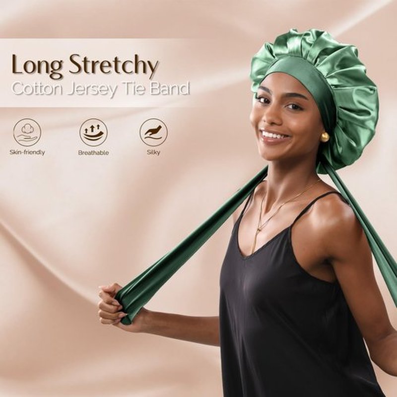 YANIBEST Large Jumbo Satin Hair Bonnets for Sleeping Double Layer Satin Lined Shower Cap for Women Men Cap for Curly Natural Hair,Green