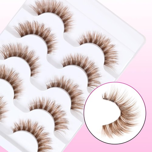 Veleasha Brown Lashes Cat Eye Lashes Wispy Faux Mink Lashes 100% Handmade Natural Look False Eyelashes with Clear Band Lightweight Fluffy False Eyelashes 5 Pairs Pack(Brown02)
