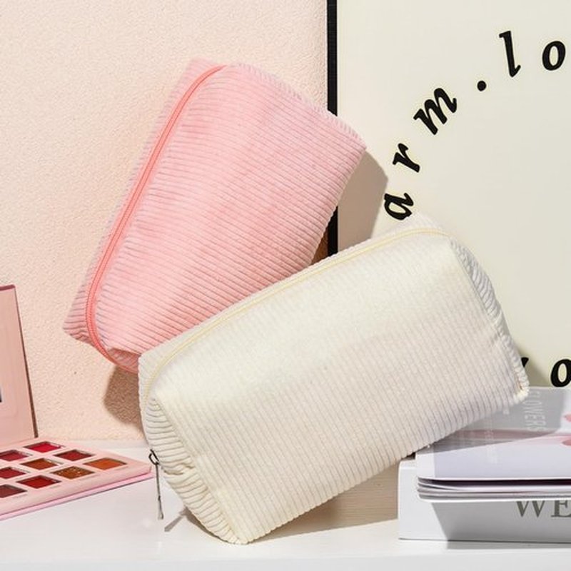 SOIDRAM 2 Pieces Makeup Bag Corduroy Cosmetic Bag White Pink Makeup Pouch Travel Toiletry Bag Organizer Cute Makeup Brushes Storage Bag for Women