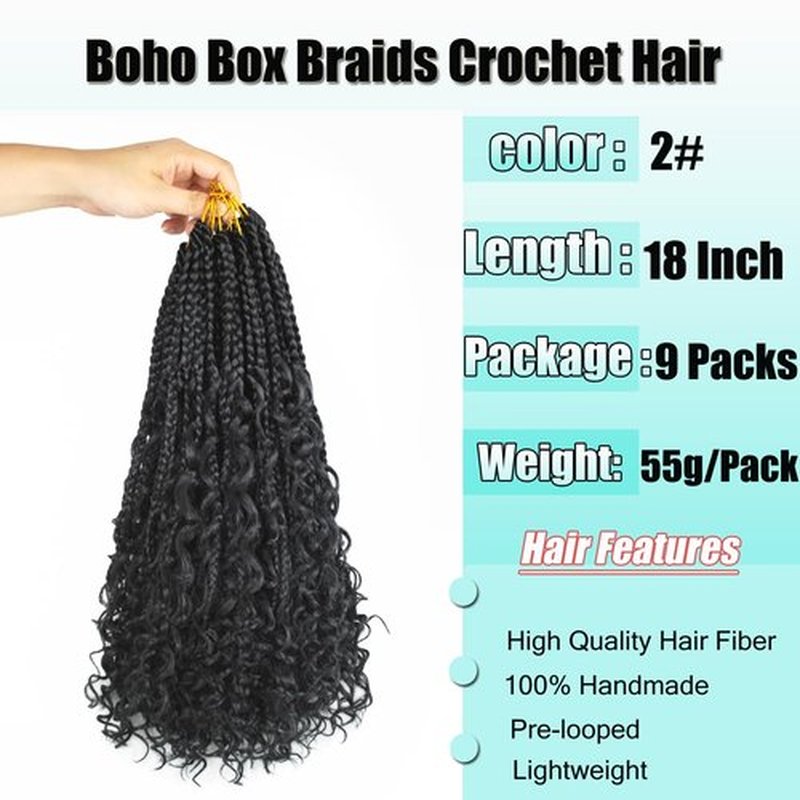 9 Pack Boho Box Braids Crochet Hair - 18 Inch Pre-looped Goddess Box Braids Crochet Hair Bohemian Crochet Boho Crochet Braids With Curly Ends Synthetic Crochet Hair For Women（18 Inch,2#)
