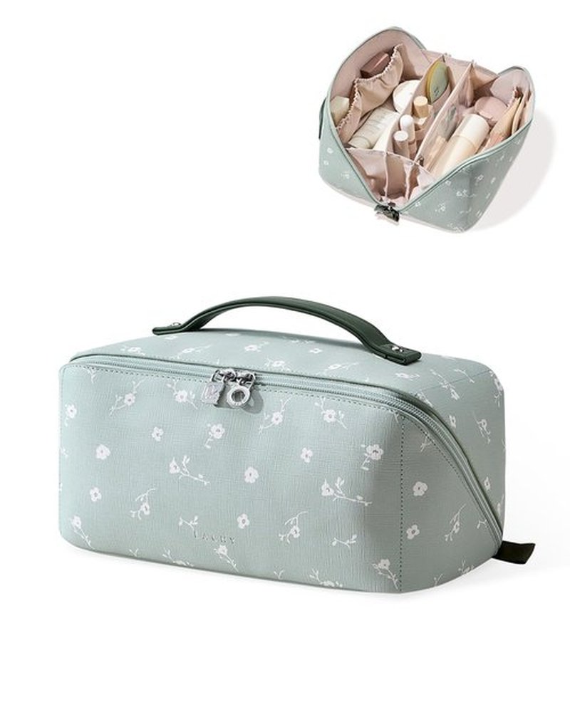 EACHY Travel Makeup Bag,Large Capacity Cosmetic Bags for Women,Waterproof Portable Pouch Open Flat Toiletry Bag Pattern Makeup Bag (C-Green-Large)