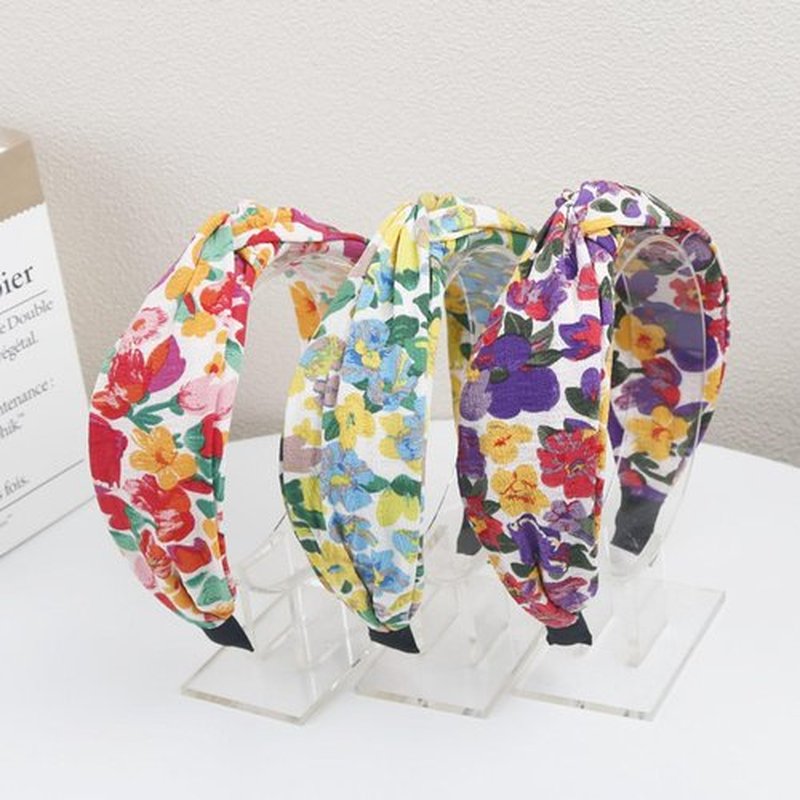 KOVOLITU 4 Pack Flower Print Knotted Headbands for Women Fashion Hair Bands Wide Cross Knot Headbands -Oil Painting