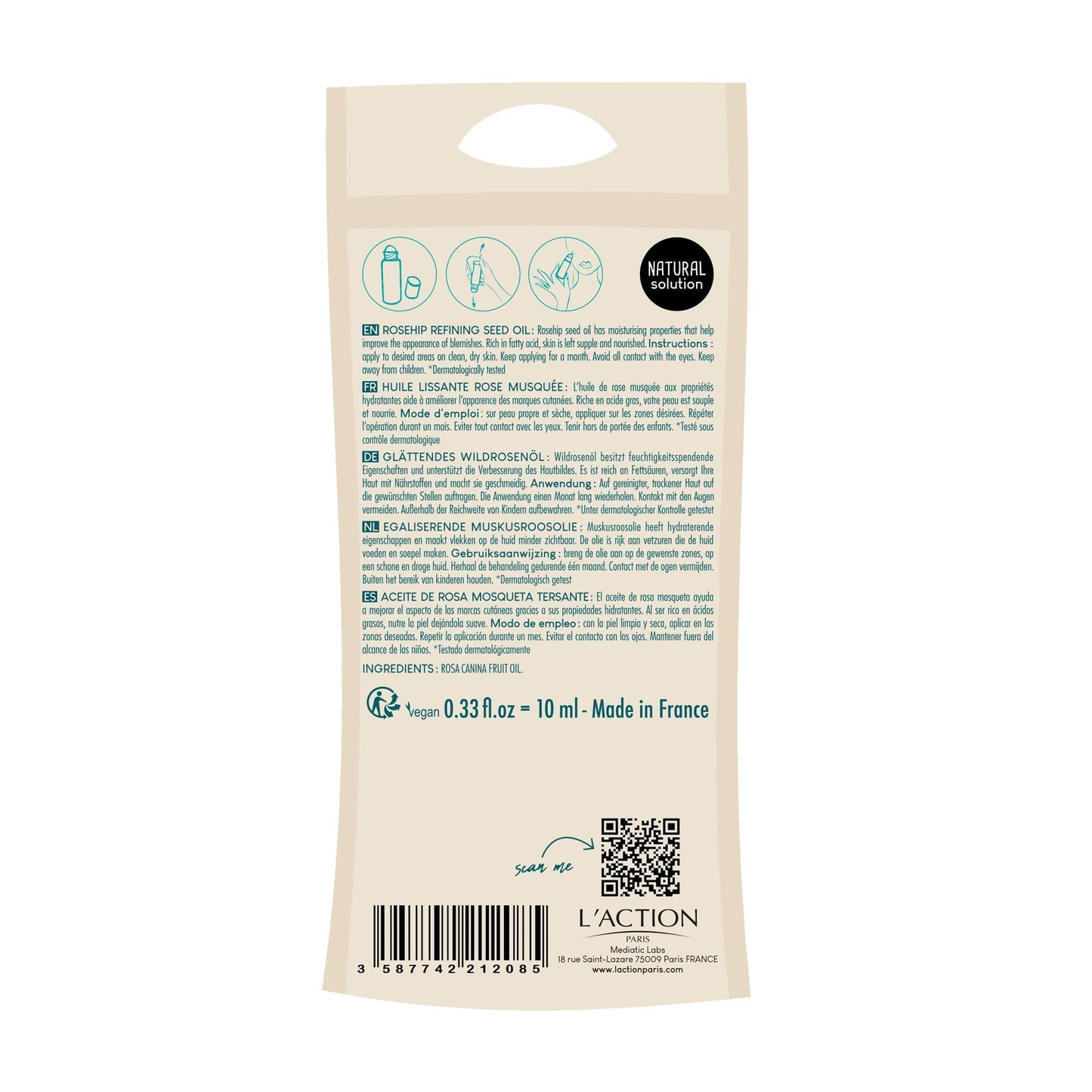 L'Action Paris Rosehip Refining Seed Oil, Nourishing and Moisturising Natural Face Oil to Help Improve Blemishes, Targeted Oil for Blemishes, Leaves Skin Supple and Nourished 10ml