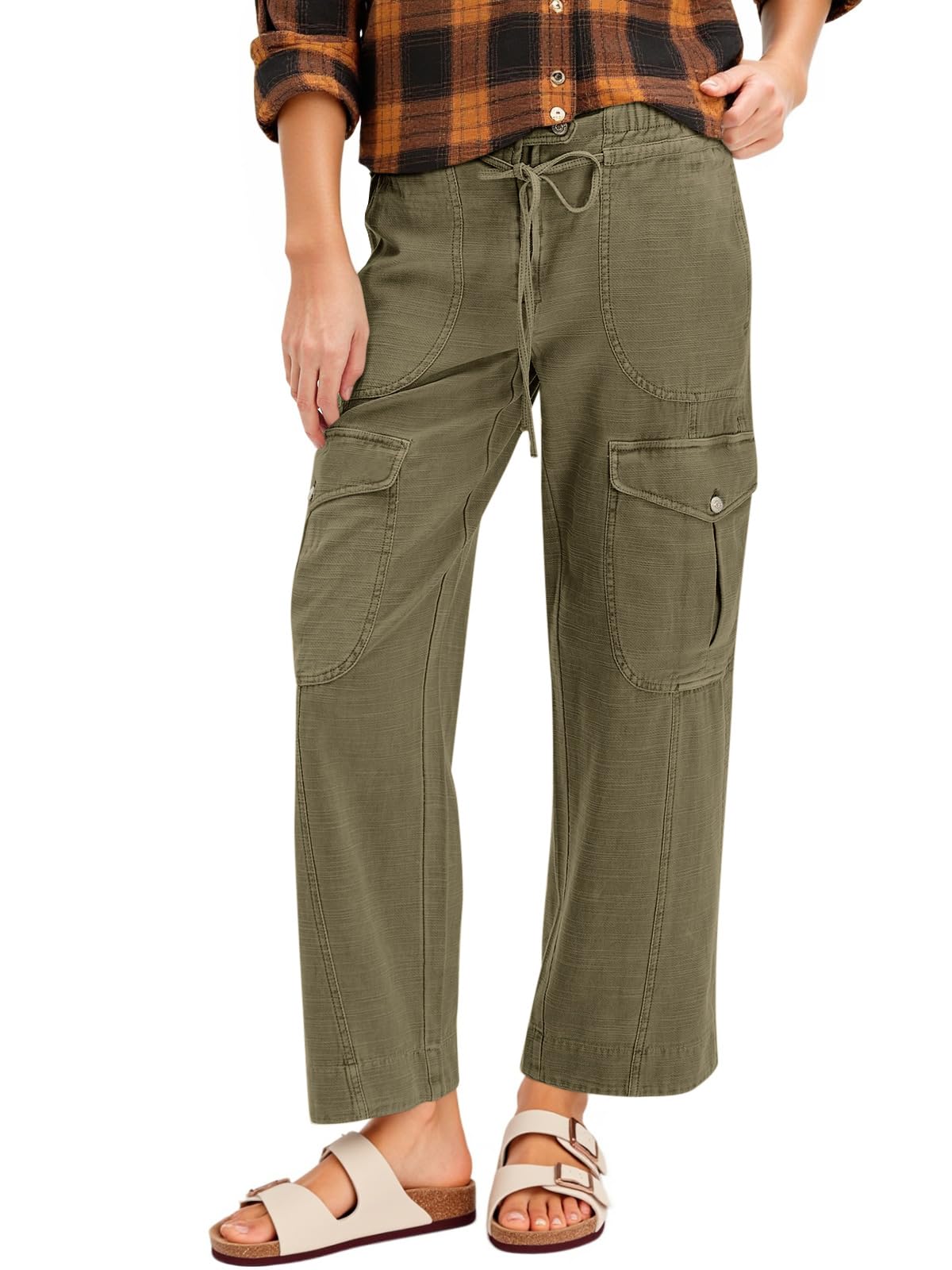 Cicy Bell Womens High Waisted Cargo Pants Straight Leg Ankle Length Drawstring Cotton Casual Hiking Work Pants with Pockets