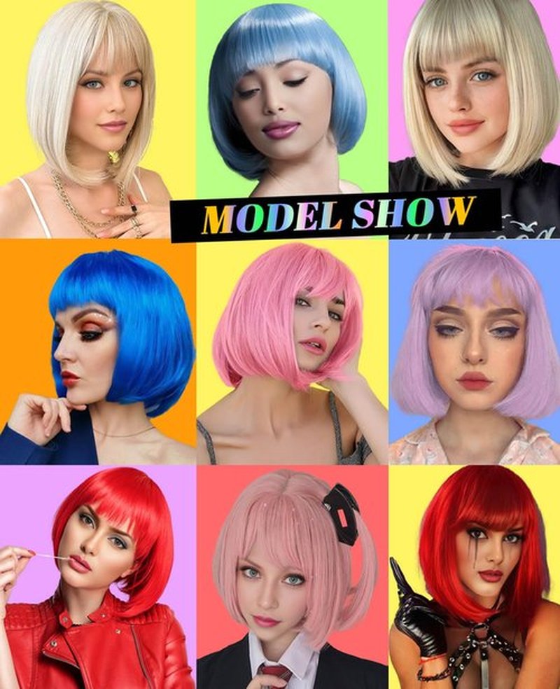 MaxlaceWig Blonde Wig with Bangs for Women, 12 Inch Straight Short Blonde Bob Wig, Synthetic Colorful Bob Wigs, Natural Looking Heat Resistant Fiber Bob Wig for Girls Daily Party Use,Cosplay Wig