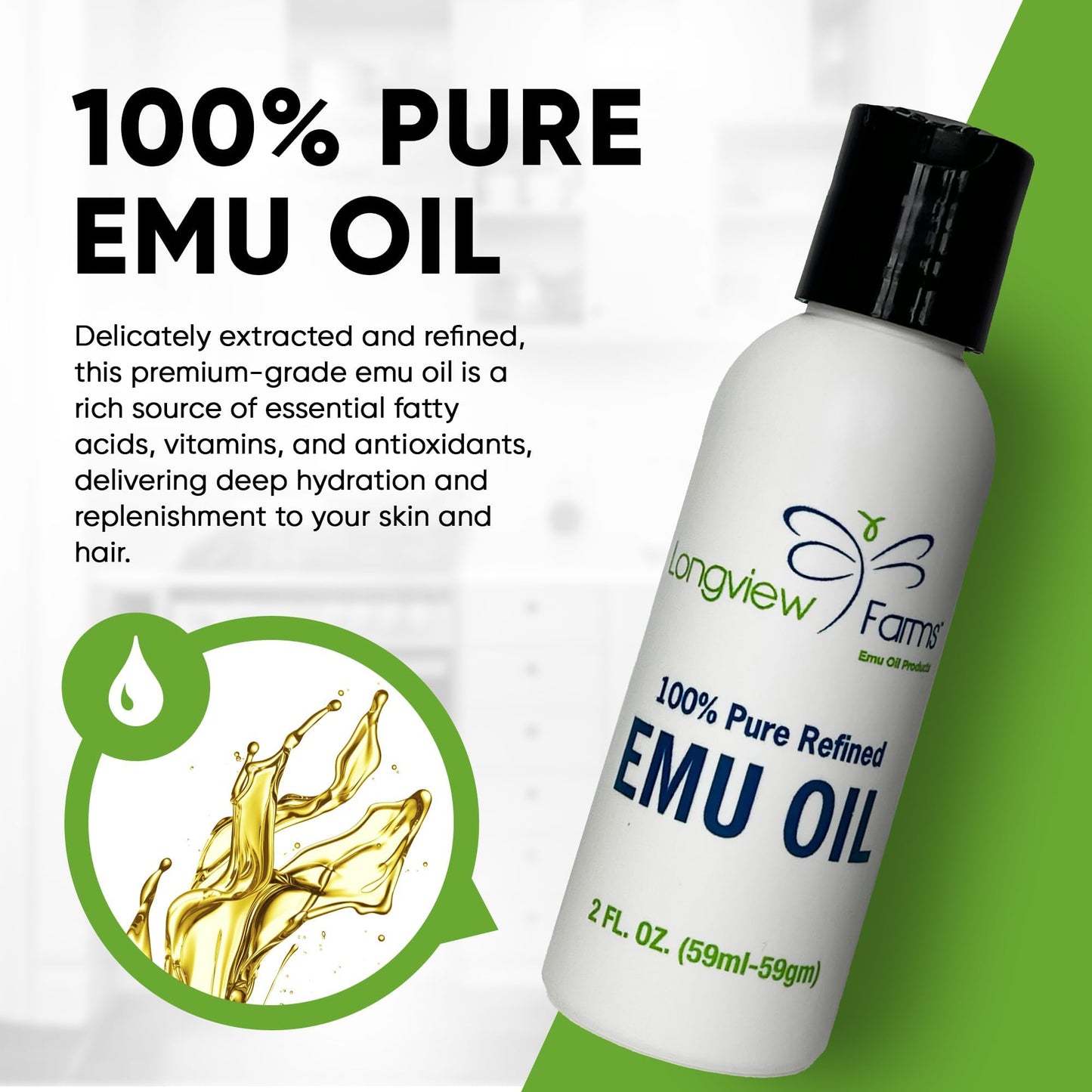 Longview Farms® Emu Oil for Hair and Body - 100% Pure & Refined Emu Oil for Skin & Hair Care | Premium Quality Hydration & Nourishment | 4 Fl. Oz