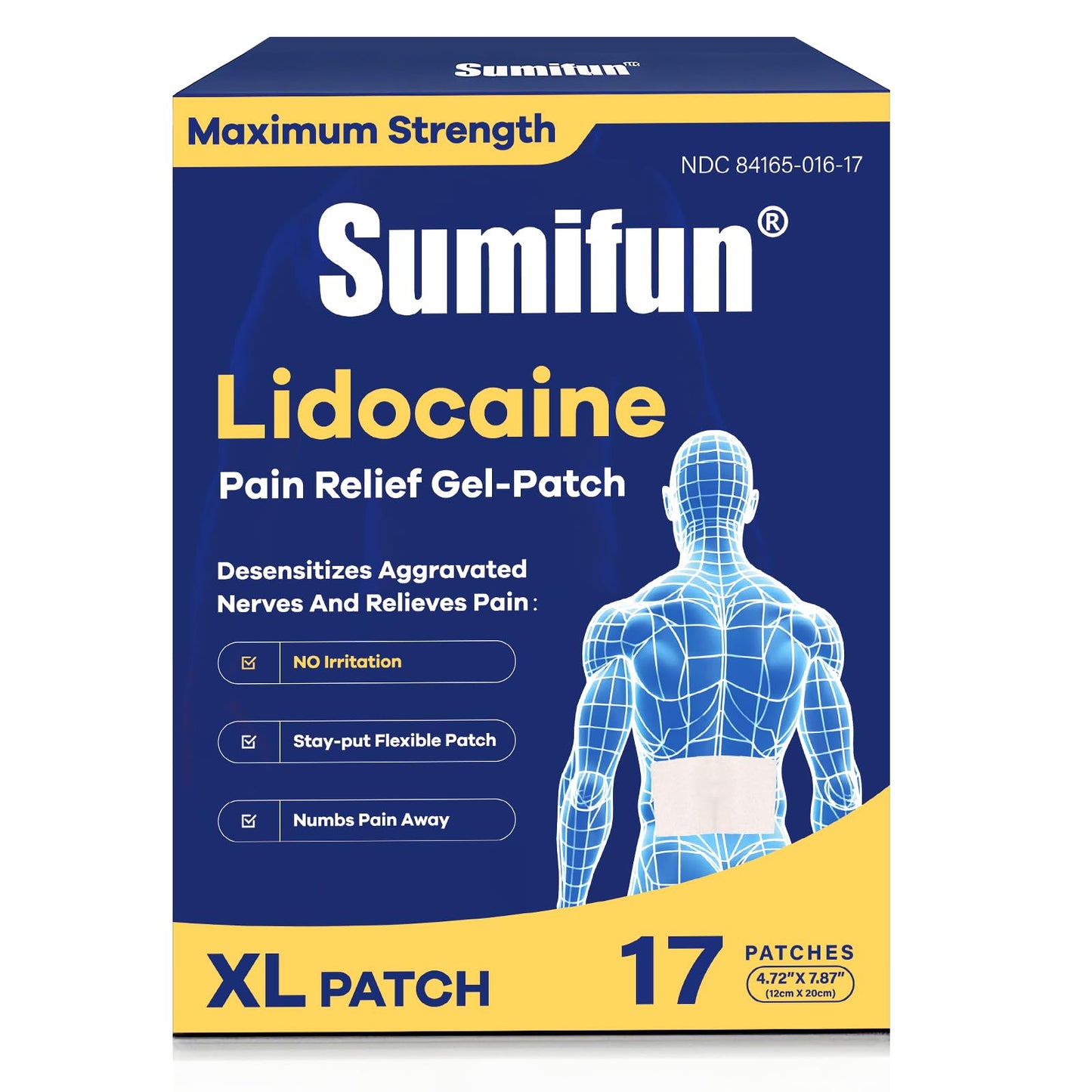 Sumifun Extra Large Lidocaine Patches - 4.72"x7.87" | 4% Lidocaine Maximum Strength for Lower Back & Sciatica | 8-Hour Long Lasting Relief (Extra Large, Count, 17)