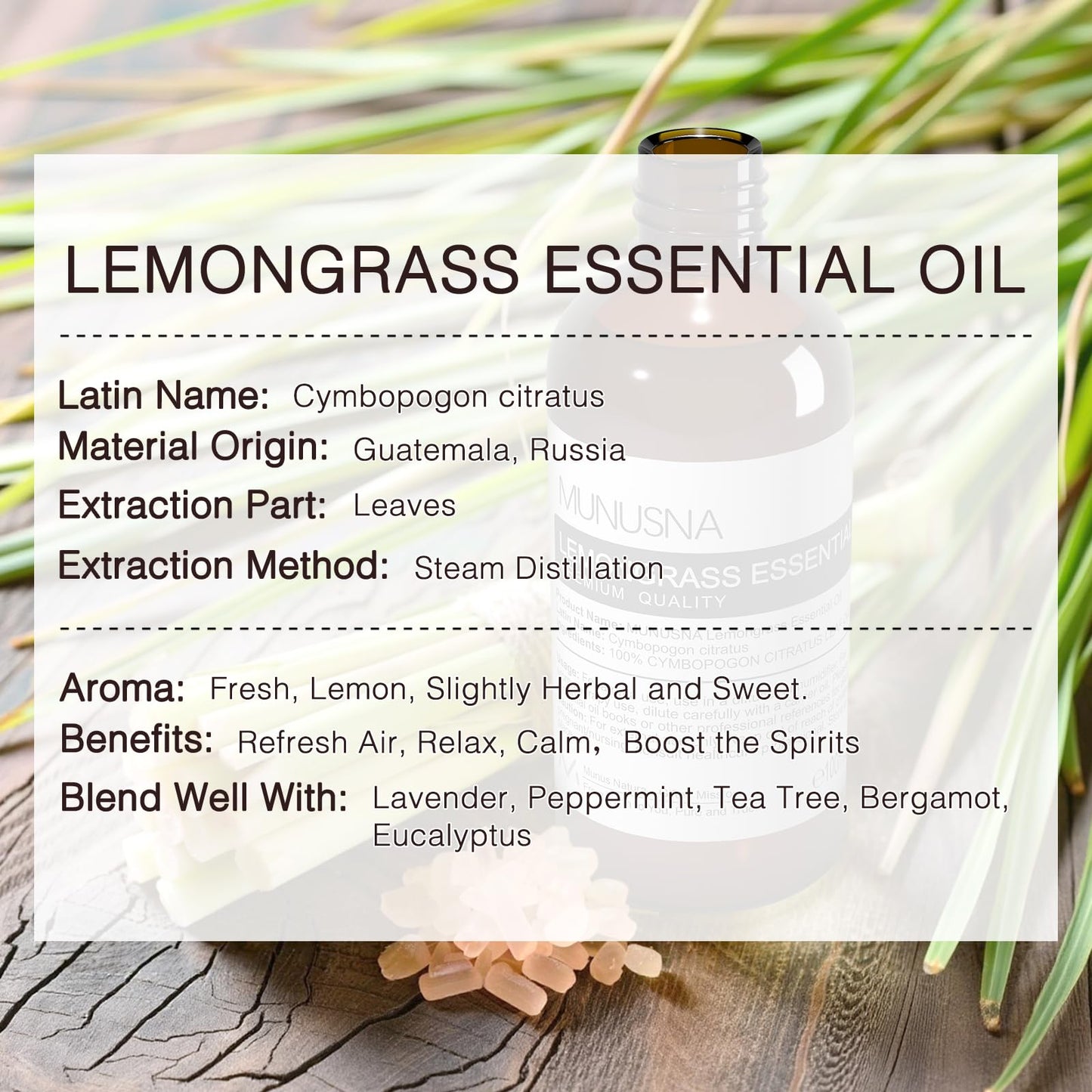 MUNUSNA Lemongrass Essential Oil, 100% Natural & Pure Lemongrass Oil 100ML, Premium Grade Essential Oils Aromatherapy Scented Oils for Diffusers, Home Care, Skin, Laundry, Spray, Candle Soap Making