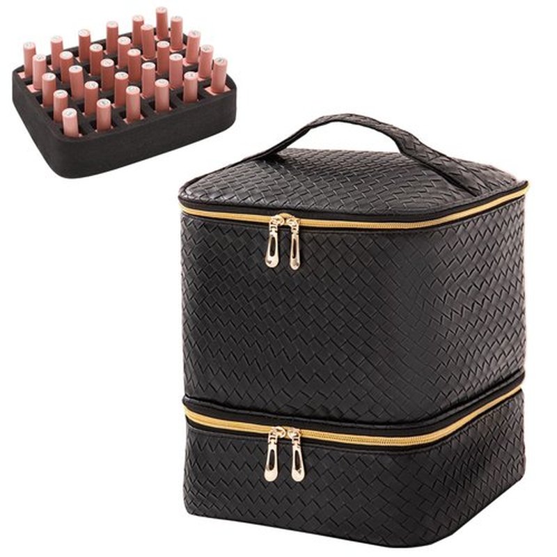 AFUOWER Nail Polish Organizer Bag with Handles - Holds 30 Bottles (15ml - 0.5 fl.oz)，Travel Case Portable Storage Bag for Manicure Set (Woven Black)